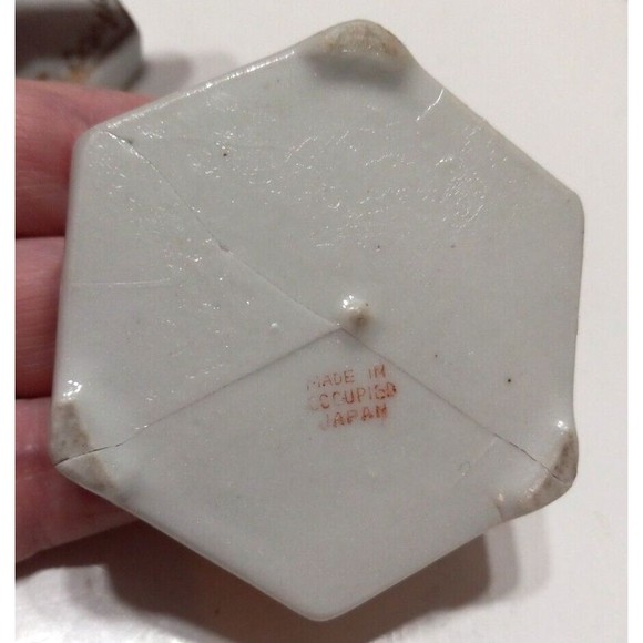 Vintage Hand Painted Porcelain Trinket Box Occupied Japan Floral Hexagon FLAW - Picture 5 of 5